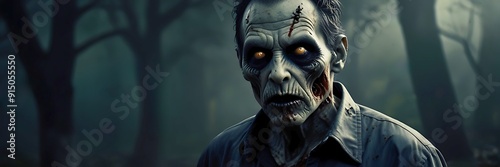 Close-up of scary zombie man in the haunted forest covered misty. Halloween horror nigh background with copy space