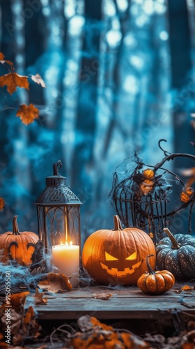 Sfondo di Halloween, zucche intagliate, illuminate dall'interno, creano un'atmosfera misteriosa e spaventosa in una foresta nebbiosa, circondate da lanterne e candele accese. photo