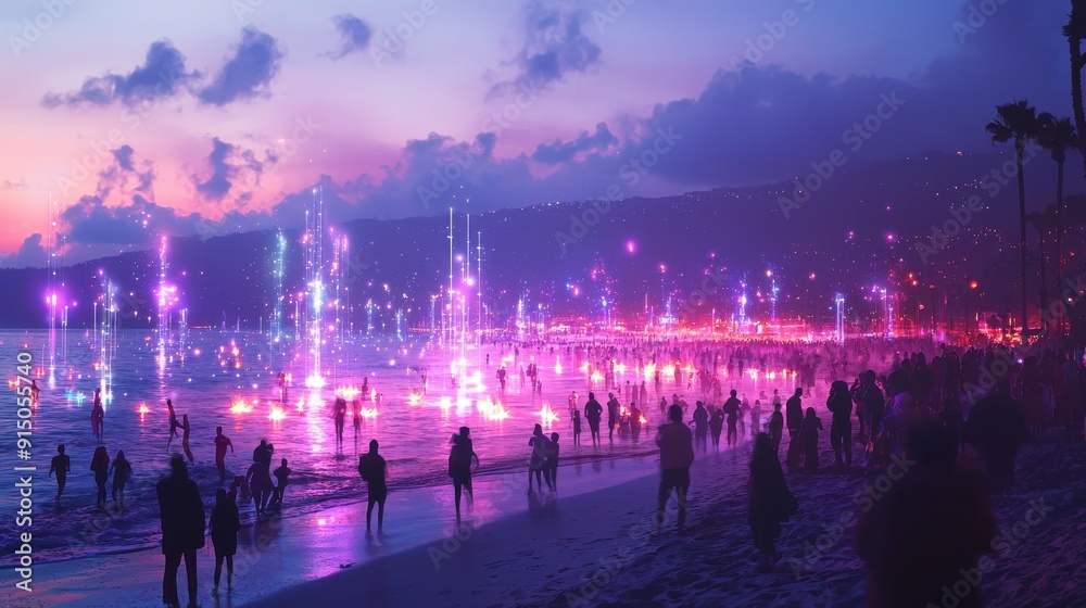 custom made wallpaper toronto digitalA beachside 2025 New Year’s Eve event, with holographic bonfires, interactive light shows, and attendees dancing in the sand as the countdown to the new year unfolds 