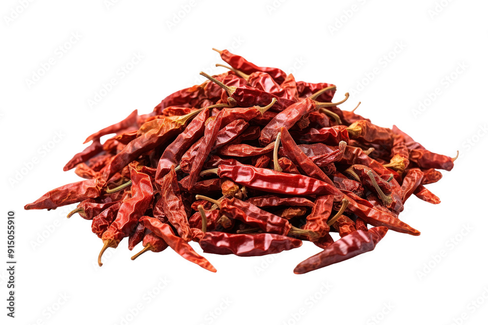Fototapeta premium Exotic Array of Dried Red Chilies Spread Across a Rustic Wooden Surface in the Early Morning Light on Transparent PNG Background..