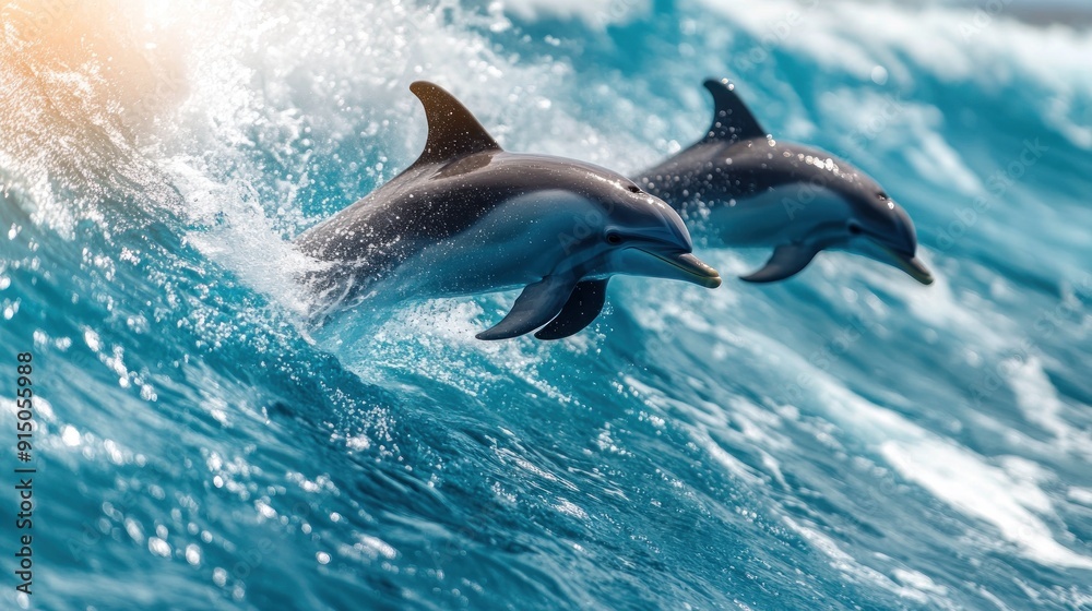 Naklejka premium Dolphins Leaping Through Waves