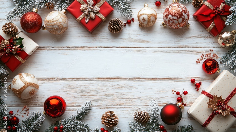 Rustic and vintage christmas decoration with red and gold ornaments, snow covered fir branches, and a white wooden background, ideal for a festive holiday card
