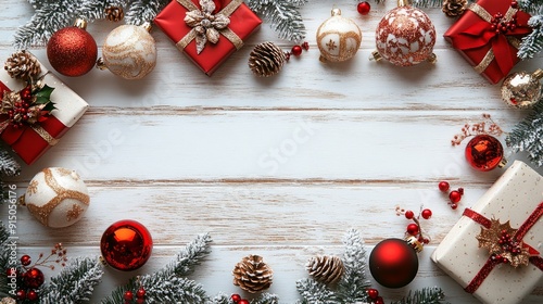 Obraz na płótnie Rustic and vintage christmas decoration with red and gold ornaments, snow covered fir branches, and a white wooden background, ideal for a festive holiday card w salonie
