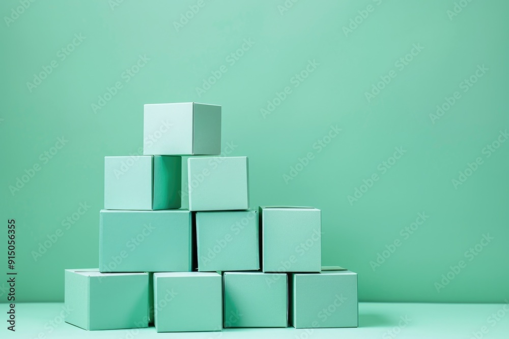 Minimalist Stack of Empty Light Green Boxes on Turquoise Background for Design Projects