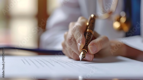 Hand signing an important medical consent form, fountain pen with intricate designs, medical office atmosphere with stethoscope in the background, modern white desk, pen tip on paper, hd quality,