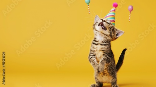 Birthday Cat with Party Hat and Balloons