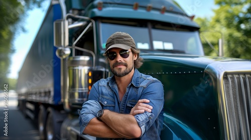 A confident truck driver with sunglasses stands proudly in front of his big rig.