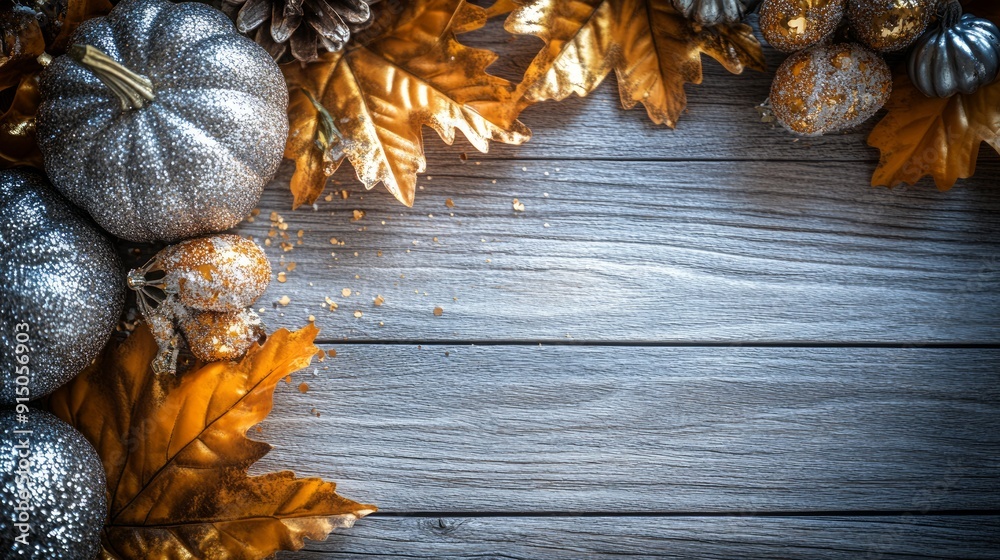 Festive border of silver and gold pumpkins, autumn leaves, and rustic wooden background, ideal for thanksgiving greetings