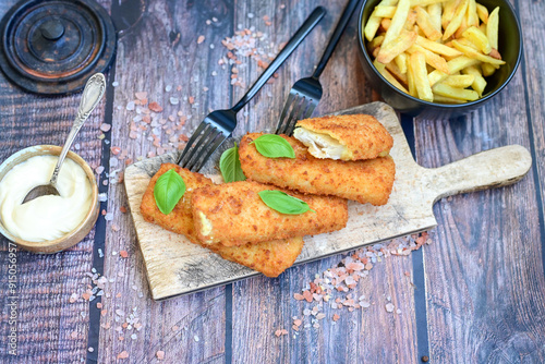 Close up of   Crispy breaded  deep fried fish fingers with breadcrumbs served  with remoulade sauce and  lemon Cod Fish Nuggets on rustic wood table background photo