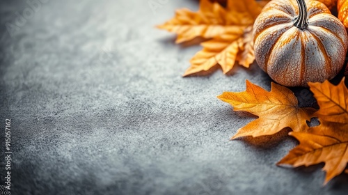 Small pumpkin rests on a bed of vibrant autumn leaves, adding warmth and charm to a textured gray backdrop