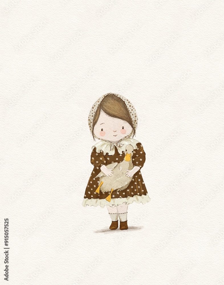 Cute baby girl with duck, illustration for kids, friendly card Cute baby girl with duck, illustration for kids, friendly card
