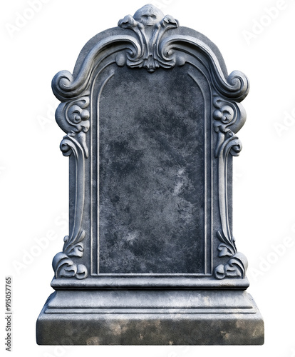 old black tombstone isolated on white background. ancient head stone signboard cut out