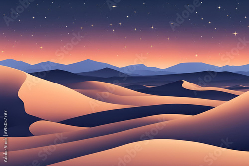 Dawn Landscape, with Desert Sand Dunes. Empty Modern Wallpaper with Cool Gradient Starry Sky