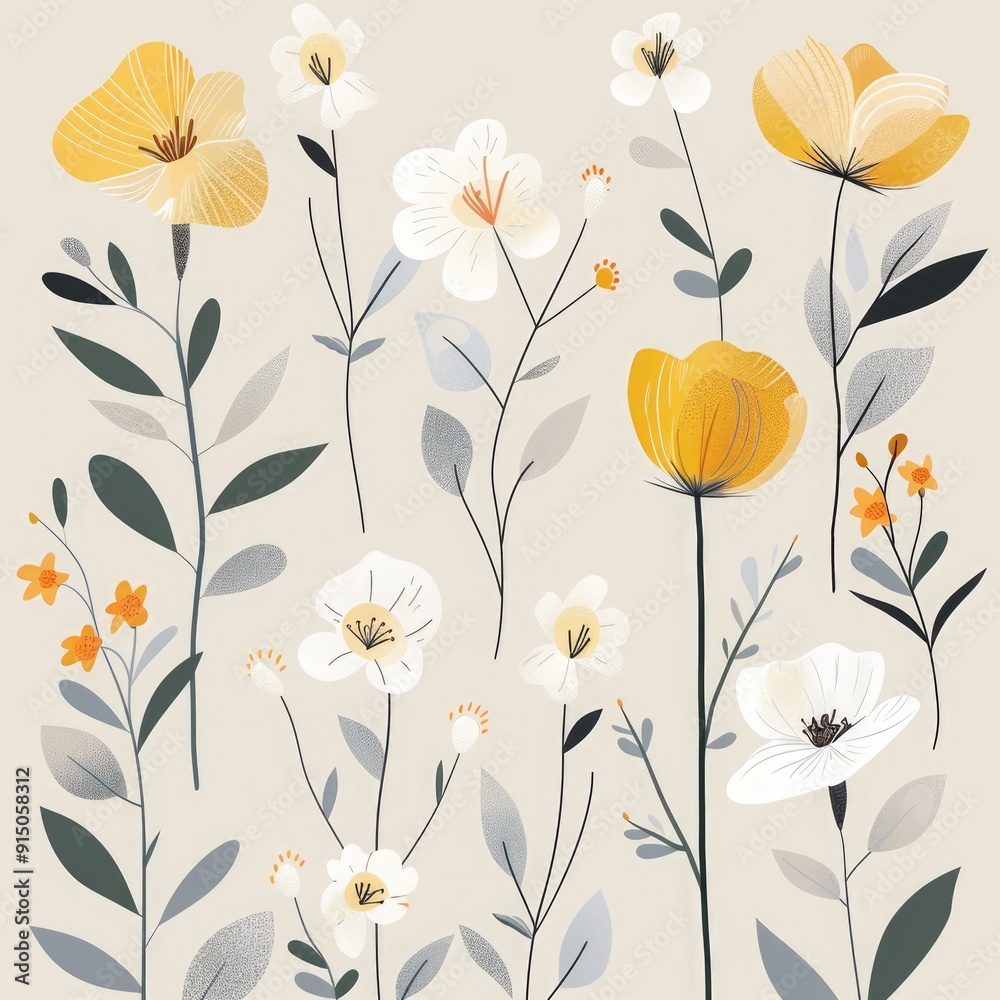 A collection of delicate yellow and white flowers with leafy green stems arranged on a soft beige background A collection of delicate yellow and white flowers with leafy green stems arranged on a soft beige background