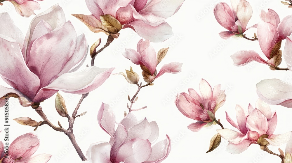 Seamless pattern with watercolor pink magnolia flowers and leaves on a white background, a hand drawn illustration in a pastel color palette with soft colors and a soft light Seamless pattern with watercolor pink magnolia flowers and leaves on a white background, a hand drawn illustration in a pastel color palette with soft colors and a soft light