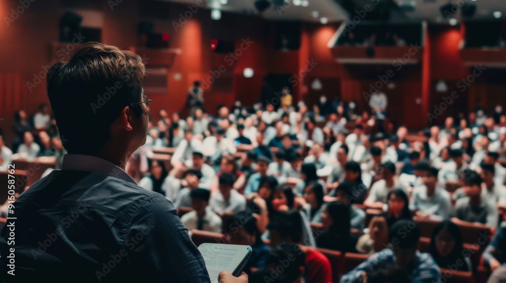 A presenter addresses a full auditorium, viewed from behind, with a blurred audience intently listening and watching. A presenter addresses a full auditorium, viewed from behind, with a blurred audience intently listening and watching.