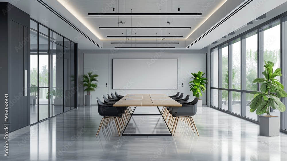 Professional office environment with a spacious meeting room and long wooden table near stylish chairs, whiteboard backdrop on white wall interior office design