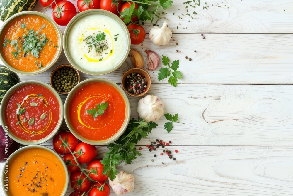 Variety of colorful soups with fresh vegetables on white wooden table Variety of colorful soups with fresh vegetables on white wooden table