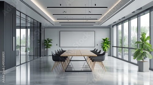 Obraz na płótnie Professional office environment with a spacious meeting room and long wooden table near stylish chairs, whiteboard backdrop on white wall interior office design w salonie