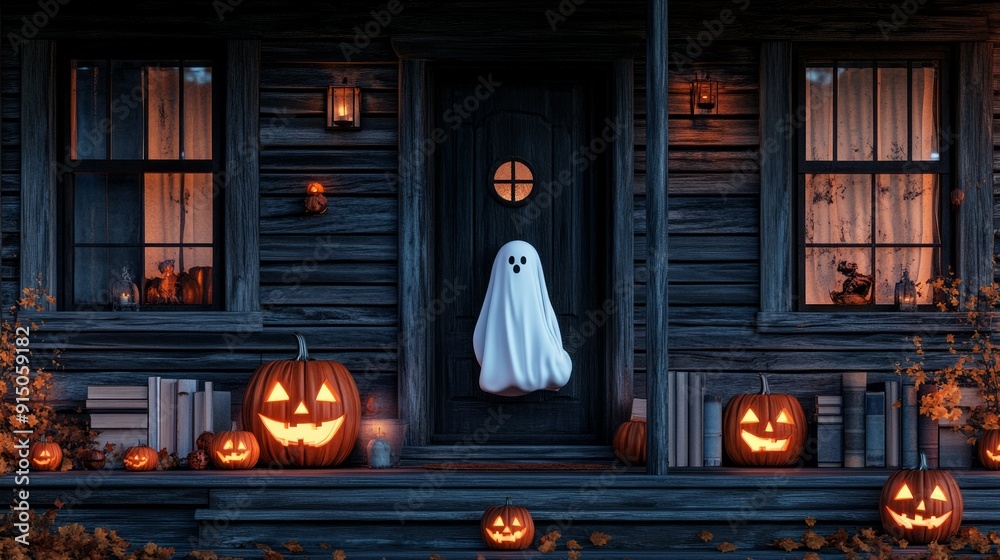 Ghost hanging on a wooden house front door with halloween pumpkins decoration at night. The house is adorned for halloween with pumpkins, candles and autumn foliage