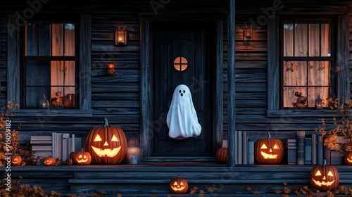 Obraz na płótnie Ghost hanging on a wooden house front door with halloween pumpkins decoration at night. The house is adorned for halloween with pumpkins, candles and autumn foliage w salonie