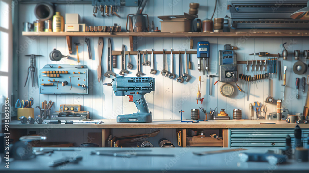 A collection of tools and equipment, including a blue power drill. Generative AI A collection of tools and equipment, including a blue power drill. Generative AI