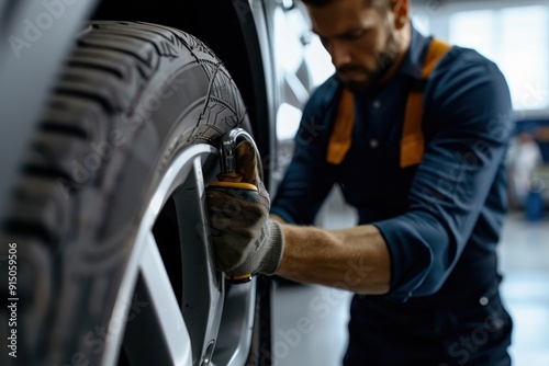 A mechanic in a garage tightening a car wheel bolt with a power tool, focusing on ensuring vehicle safety and maintenance.