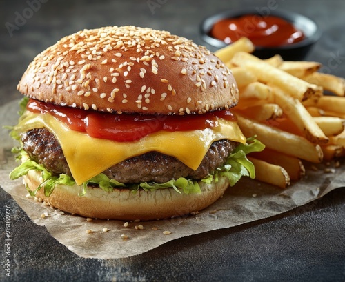 Delicious Cheeseburger with Sesame Bun and Tomato Sauce Served with Crispy Fries: An Irresistible Fast-Food Delights. photo