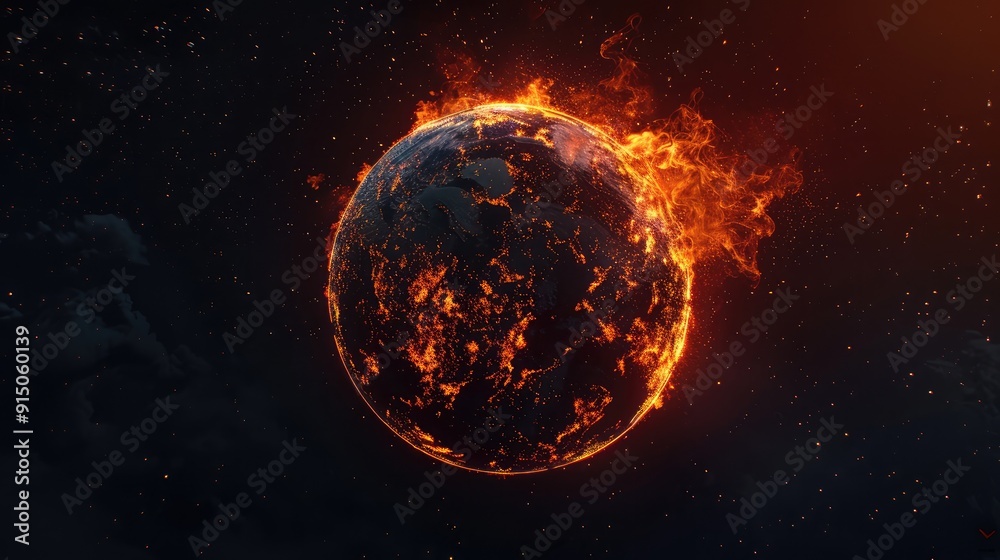 The Earth is on fire, showing the planet's surface from space. The flames glow red and orange against the black sky, creating an ominous atmosphere The Earth is on fire, showing the planet's surface from space. The flames glow red and orange against the black sky, creating an ominous atmosphere