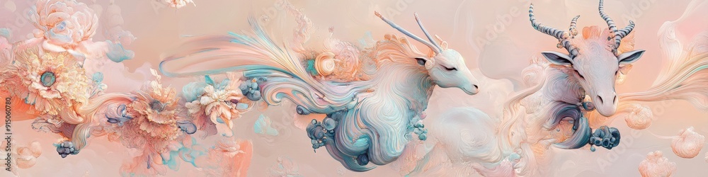 Fototapeta premium Enchanting Zodiac Animal Party: Whimsical Greeting Card Design with Futuristic Flair. Elegant Geometric and Floral Backgrounds Showcase Twelve Stylized Creatures in Soft, Dreamy Hues. Creative Marketi