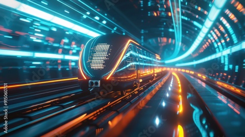 Futuristic Train in a Neon Tunnel