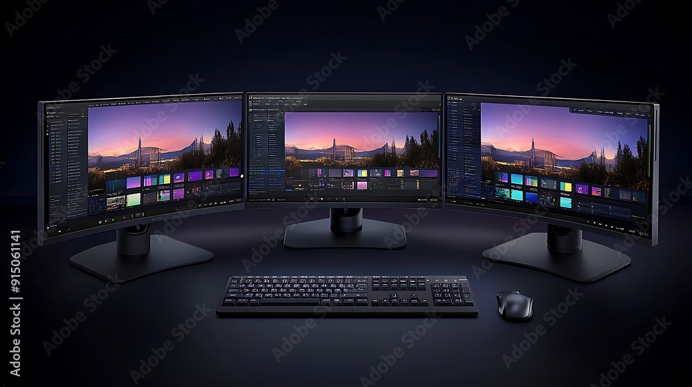 An elegant and modern workspace featuring three curved monitors displaying vibrant sunset scenes, a sleek keyboard, and an ergonomic mouse. An elegant and modern workspace featuring three curved monitors displaying vibrant sunset scenes, a sleek keyboard, and an ergonomic mouse.