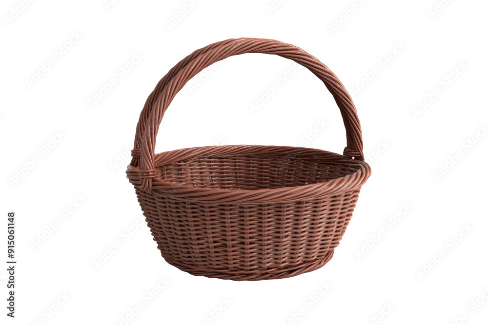 Fototapeta premium Empty brown wicker basket with handle isolated on transparent background. perfect for storage and decoration.