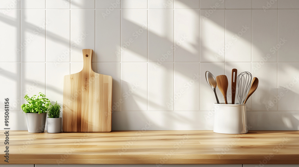 A contemporary kitchen with a wooden countertop on which kitchenware is displayed offers a modern and stylish backdrop.