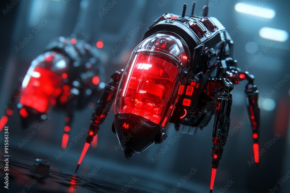 Obraz premium Robotic Surveillance Drone with Red Illumination Scanning its Environment Highlighting Security and Monitoring Technologies.