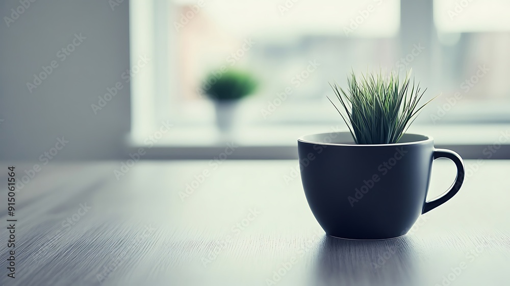 A stylish black cup holding vibrant green grass, creating a fresh and modern home decor accent against a softly blurred window background.