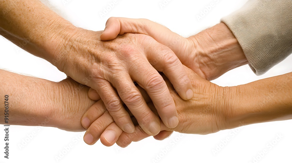 Two pairs of hands, one older and one younger, clasped together in a symbol of unity and support. Two pairs of hands, one older and one younger, clasped together in a symbol of unity and support.