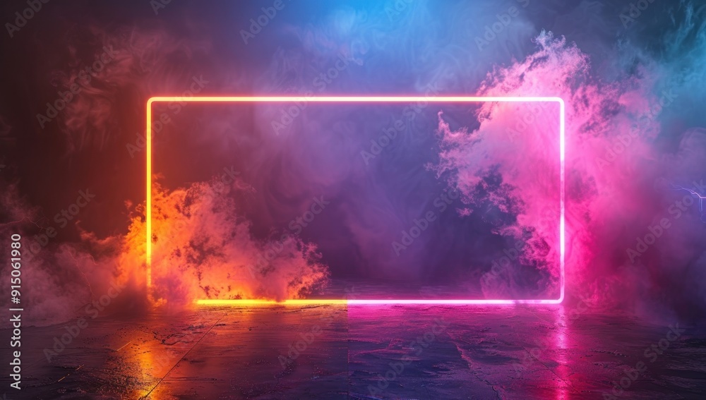 Neon Glow Frame in a Smoky Abstract Background Neon Glow Frame in a Smoky Abstract Background