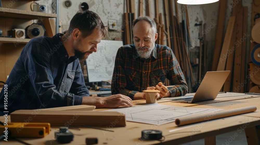 Two craftsmen in a cozy workshop are deeply engrossed in discussing woodworking plans over a table filled with tools and timber.