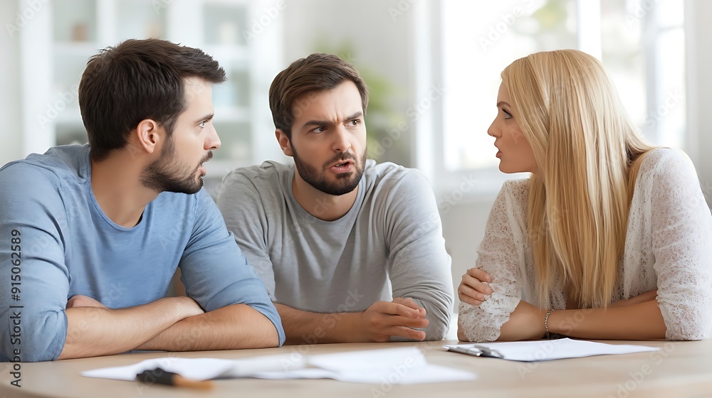 Three young adults engaged in a serious discussion, showcasing diverse emotions and expressions in a modern office setting. Three young adults engaged in a serious discussion, showcasing diverse emotions and expressions in a modern office setting.