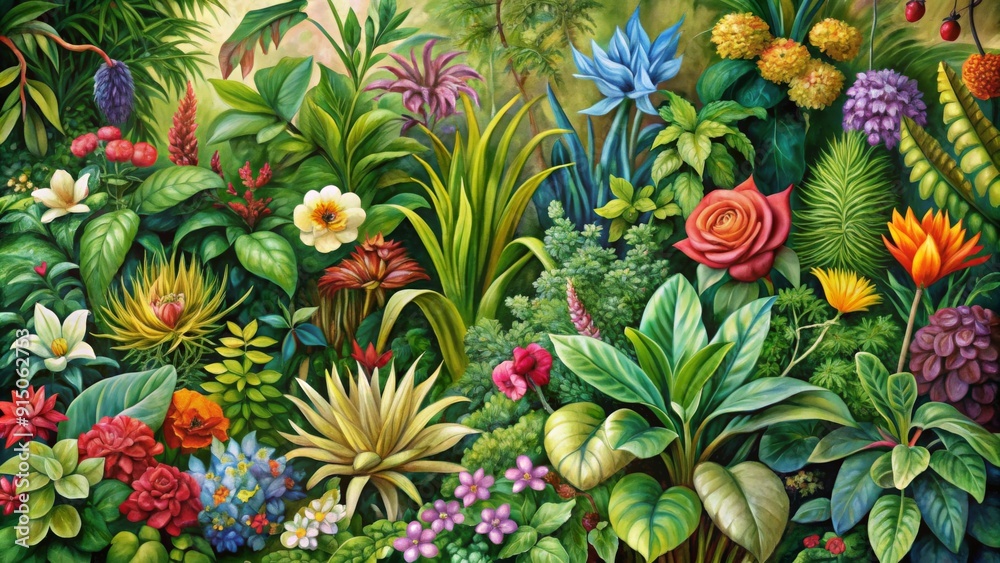 Fototapeta premium A Lush Tapestry of Tropical Blooms Oil Painting of a Vibrant Garden - Botanical Art, Tropical Flowers, Oil Painting, Nature, Garden Art, Flower Painting, Green