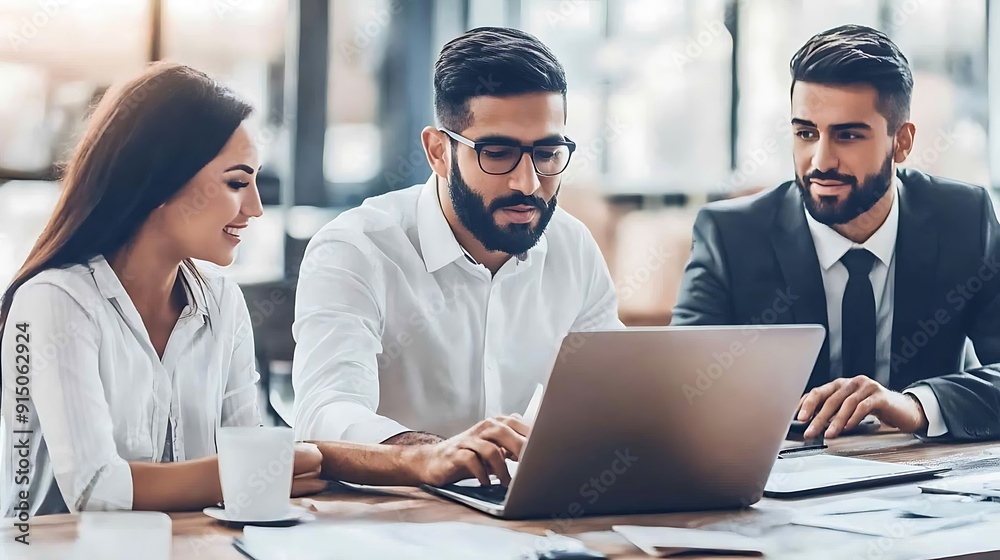 Young professionals engaged in a collaborative meeting, featuring a South Asian man working on a laptop and a Middle-Eastern man in a suit. Young professionals engaged in a collaborative meeting, featuring a South Asian man working on a laptop and a Middle-Eastern man in a suit.