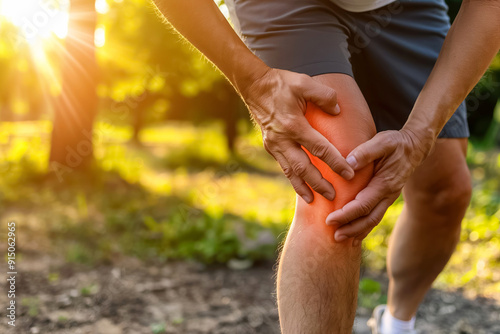 In an outdoor setting, a person looks uncomfortable, holding their knee, suggesting a possible leg injury. The scene is rich with greenery and sunshine
