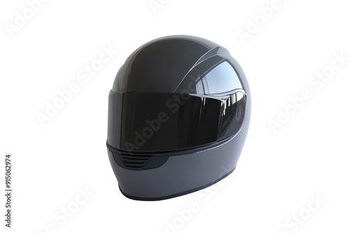 High-resolution image of a modern, black full-face motorcycle helmet with a reflective visor, isolated on a transparent background. photo