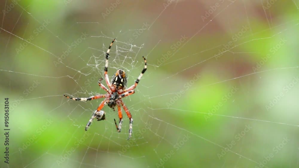 4k Closeup view, macro video with sharp details and blurred bokeh green background. Orb-weaving spiders in natural habitat 4k Closeup view, macro video with sharp details and blurred bokeh green background. Orb-weaving spiders in natural habitat