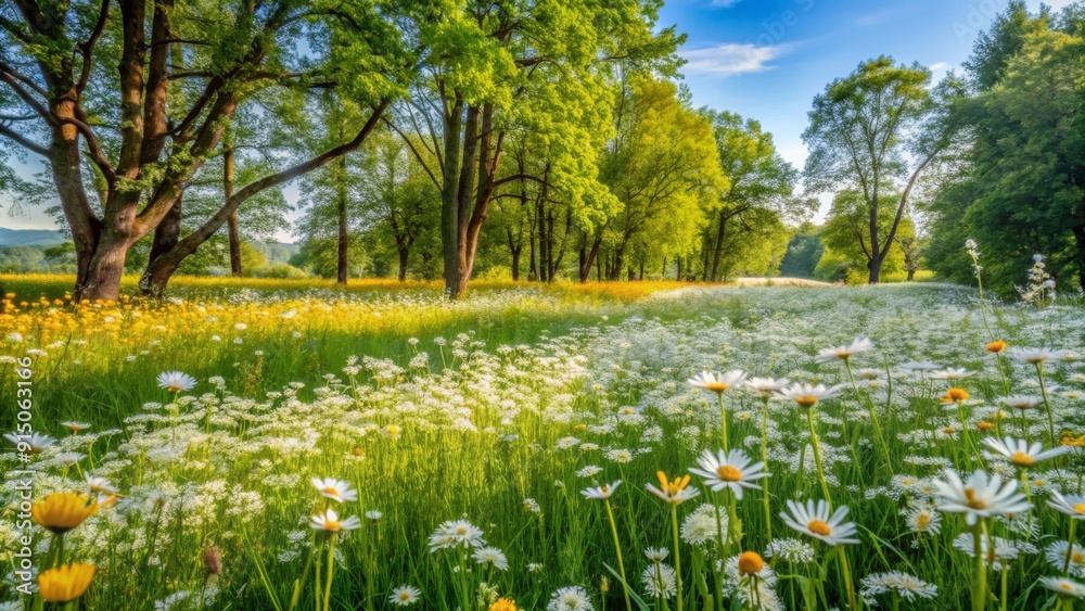 A Tranquil Meadow Green Trees Bordering a Field of Daisies and Yellow Wildflowers - Nature, Springtime, Peaceful Landscape, Beauty of Nature, Flower Meadow, Blooming Wildflowers, Sunlight A Tranquil Meadow Green Trees Bordering a Field of Daisies and Yellow Wildflowers - Nature, Springtime, Peaceful Landscape, Beauty of Nature, Flower Meadow, Blooming Wildflowers, Sunlight