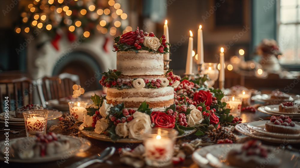 Christmas Cake, Berries, Roses, Red Decor, Festive Christmas Cake, Berries, Roses, Red Decor, Festive