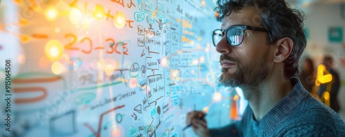 A web developer brainstorming ideas on a whiteboard close up, creativity, futuristic, double exposure, tech startup backdrop