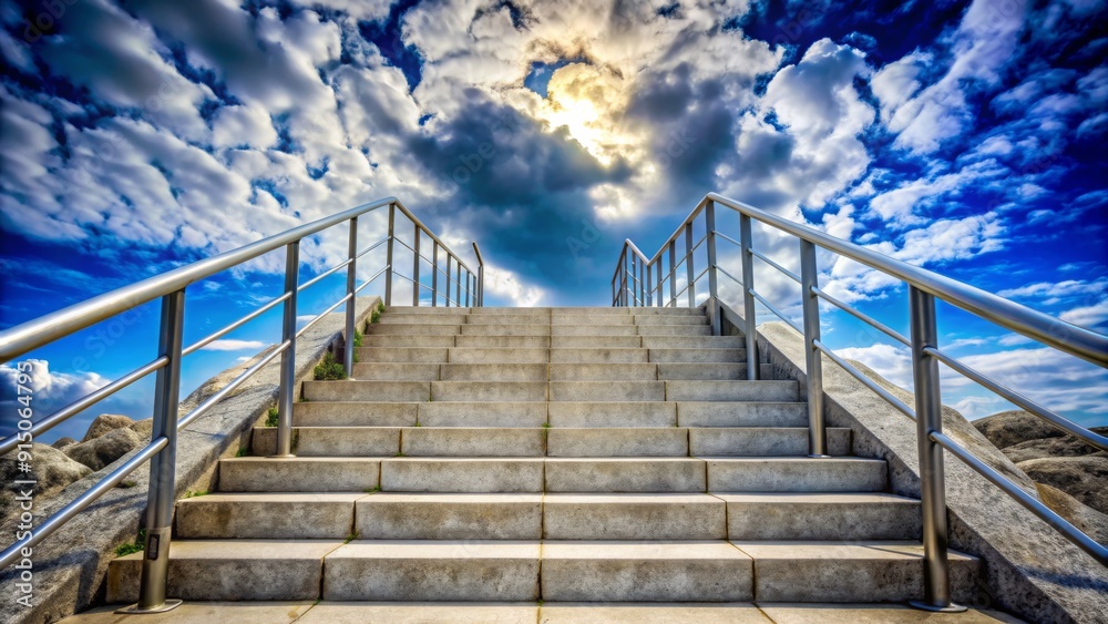 Obraz premium Ascending to Heaven Concrete Steps and a Railing Leading to a Sunlit Sky, Digital Art, Cloudy Day, Hope, Faith, Aspiration, Determination