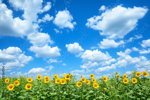 ひまわり畑と青空、夏の風景